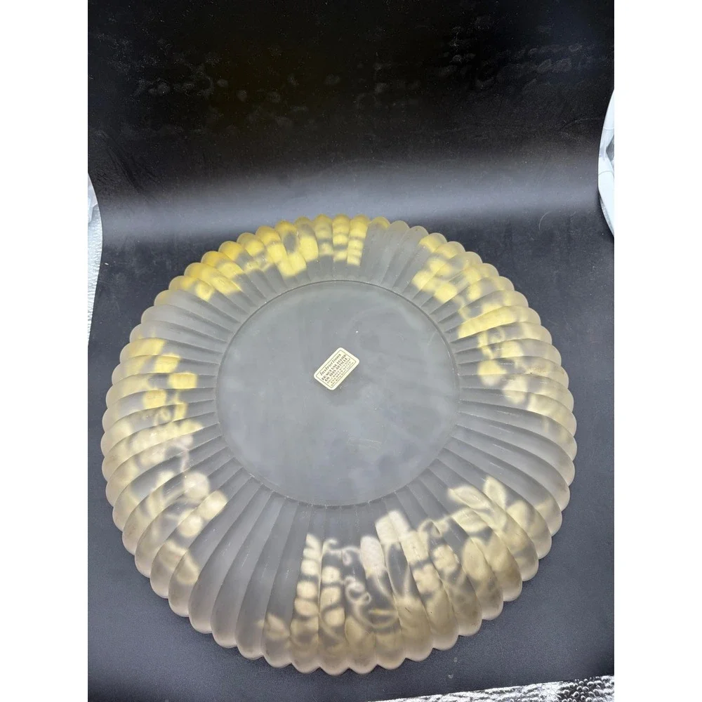 Vintage Frosted Glass‎ Bowl Silver Overlay Berry Vine Scalloped Ribbed Serving